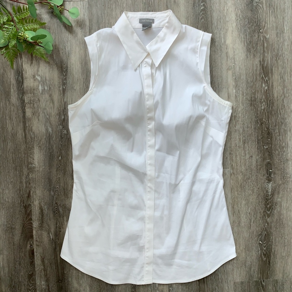 Ann Taylor White Half-Cap-Sleeve Button Blouse